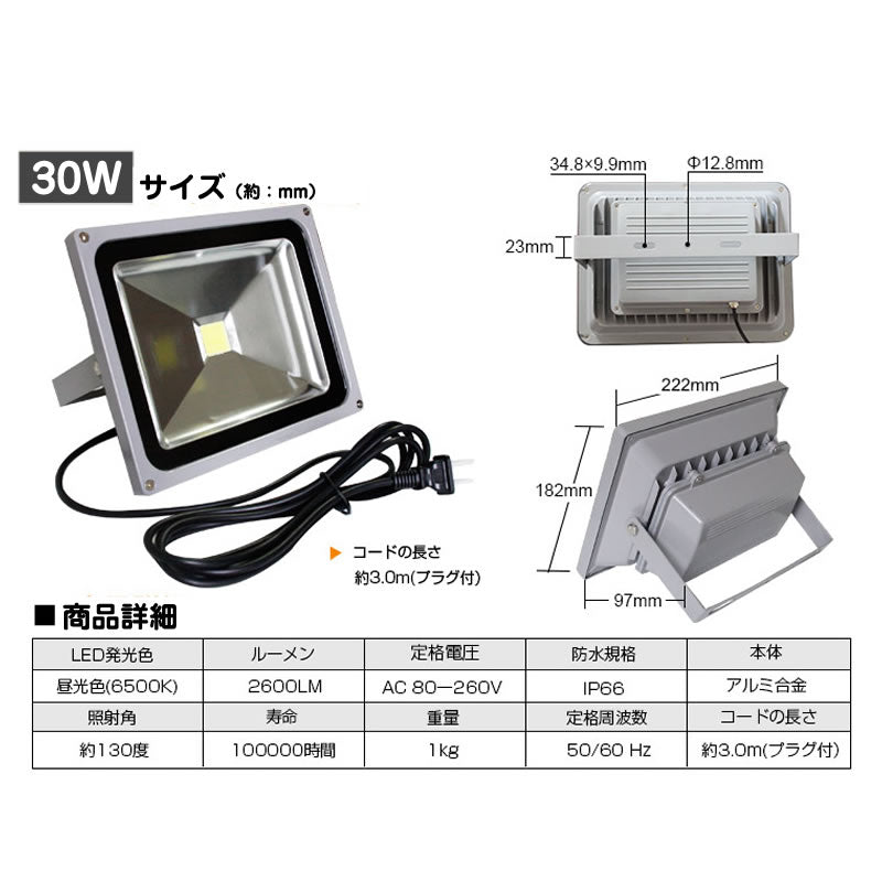 LEDライト LED投光器 30W 昼光色 防水 2600LM(300W相当) 広角130度 ハイパワー 1個