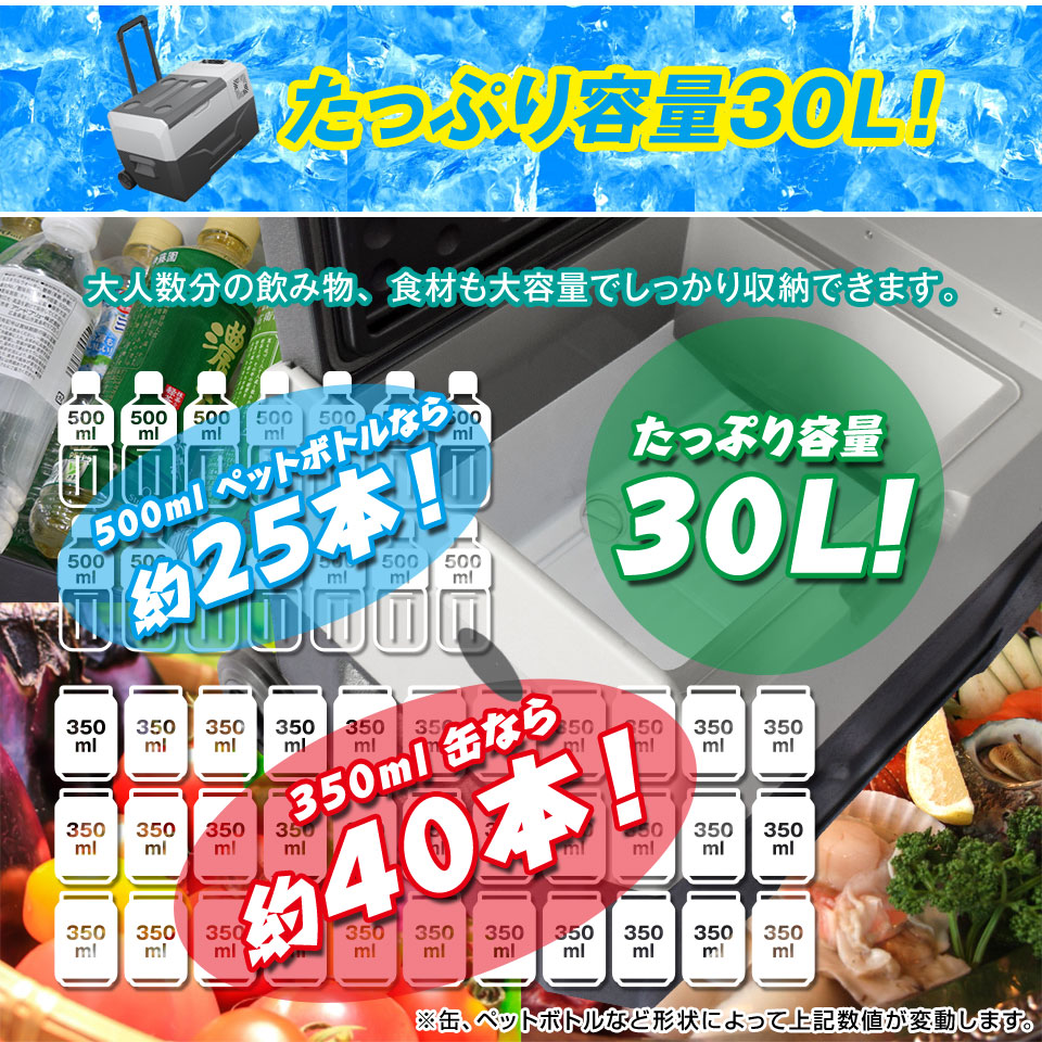車載 冷蔵庫 冷凍庫 ポータブル 30L 12V 24V クーラーボックス 保冷 2WAY電源 静音 車中泊 釣り アウトドア キャンプ スポーツ 防災 BBQ