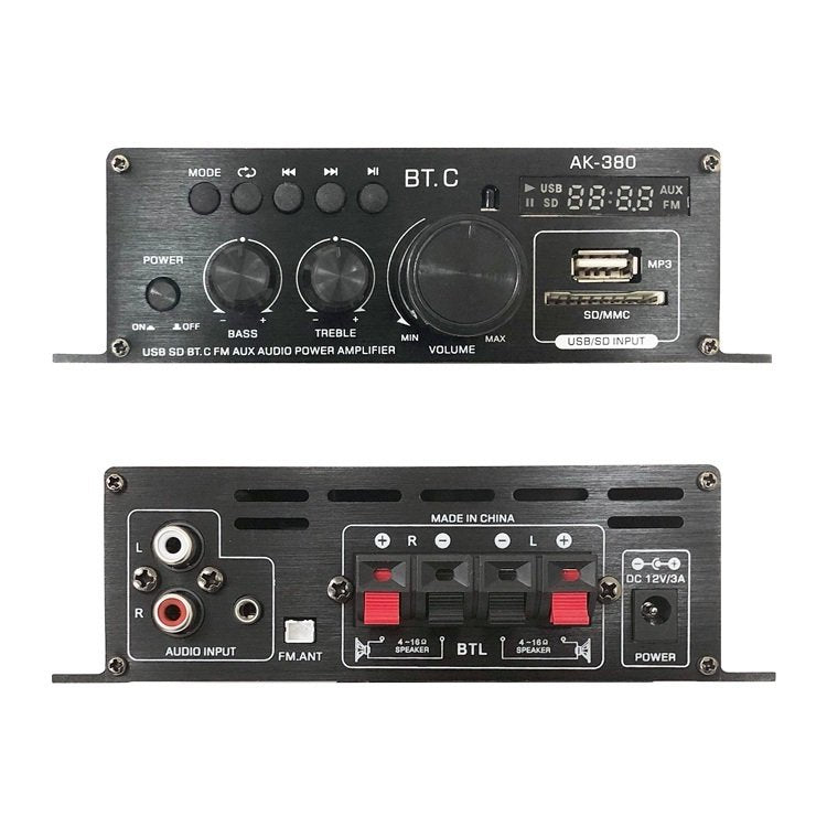 オーディオアンプ 小型 2ch Bluetooth5.0対応 パワーアンプ デジタルアンプ 出力40W+40W USB/SD カード再生可 アルミ 12V/2Aアダプター リモコン付