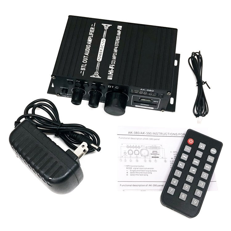 オーディオアンプ 小型 2ch Bluetooth5.0対応 パワーアンプ デジタルアンプ 出力40W+40W USB/SD カード再生可 アルミ 12V/2Aアダプター リモコン付