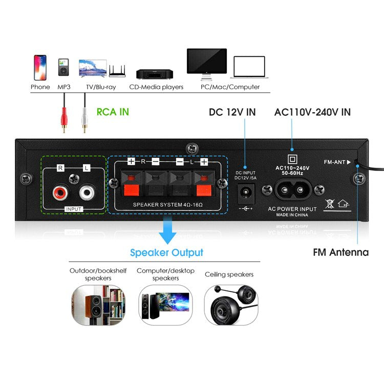 オーディオアンプ 2ch Bluetooth 5.0対応 30W+30W 実効最大300W+300W 多機能 USB/microSD Hi-F iステレオ 電源内蔵型 ACアダプター可 リモコン付