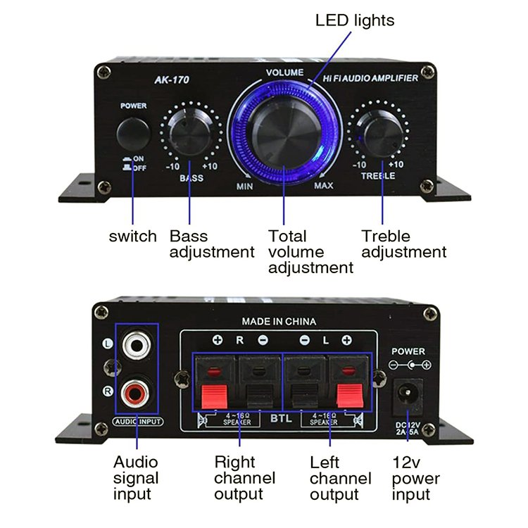 オーディオアンプ 小型2ch 出力20W+20W 車載用に アルミ コンパクト Hi-Fiステレオアンプ 12V/2 Aアダプター付属 各種音楽プレーヤー