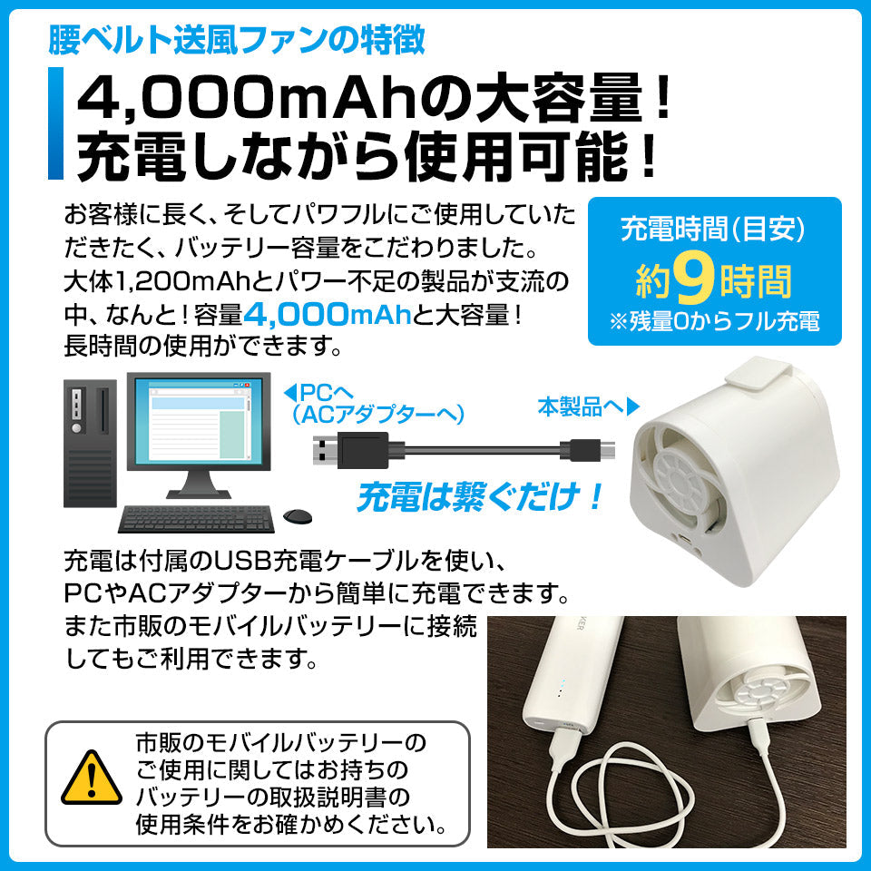 腰ベルト送風ファン 扇風機 風量 2段階 熱中症対策 ポータブル 携帯型 ミニ扇風機 USB充電式コンパクト 送風機 手持ち扇風機