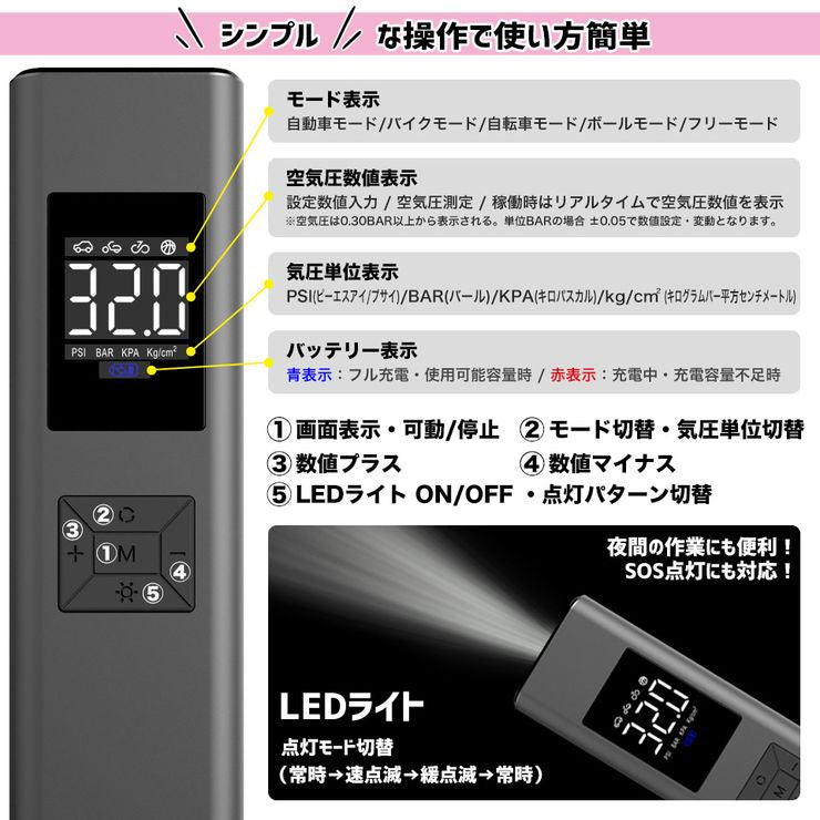 電動 空気入れ エアーコンプレッサー USB充電 シガーケーブル有線 エアポンプ エアコンプレッサ ハンディ 電動エアポンプ タイヤ ボール 自動車 自転車