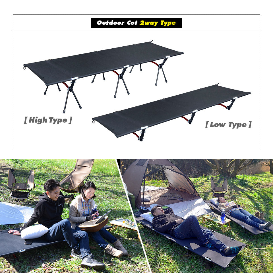 アウトドアコット 2Way ハイタイプ ロータイプ 軽量 収納コンパクト 耐荷重150 kg アウトドア キャンプ ベッド アルミ BBQ ソロキャンプ 運動会 防災グッズ