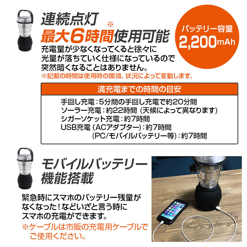 LED ランタン USB 手回し ソーラー 電池 車載充電 12V 24V 2200mAh ダイナモ LEDランプ アウトドア キャンプ 防災グッズ 停電対策 停電グッズ
