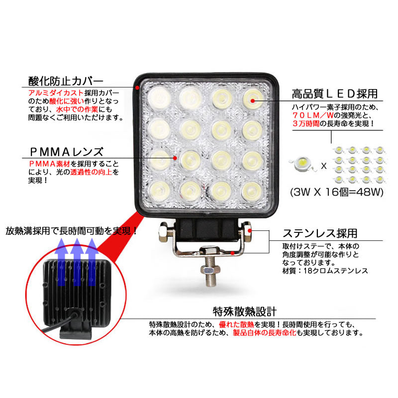 LEDライト LED作業灯 LEDワークライト 48W 角型 作業灯 ハイパワー 狭角 1個