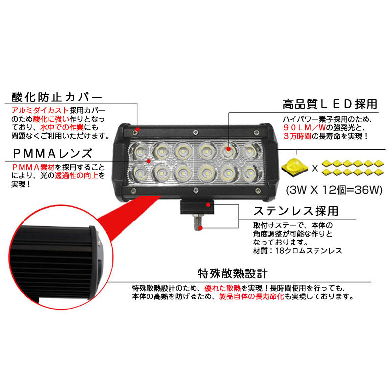 LEDライト LED作業灯 LEDワークライト 36W BAR型 作業灯 ハイパワー 広角 1個
